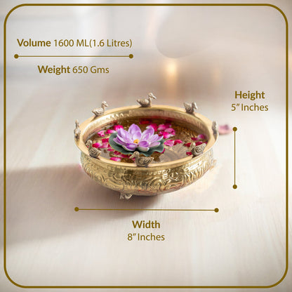 Brass Urli with Embossed Duck & Lotus Flower Design – Traditional Urli