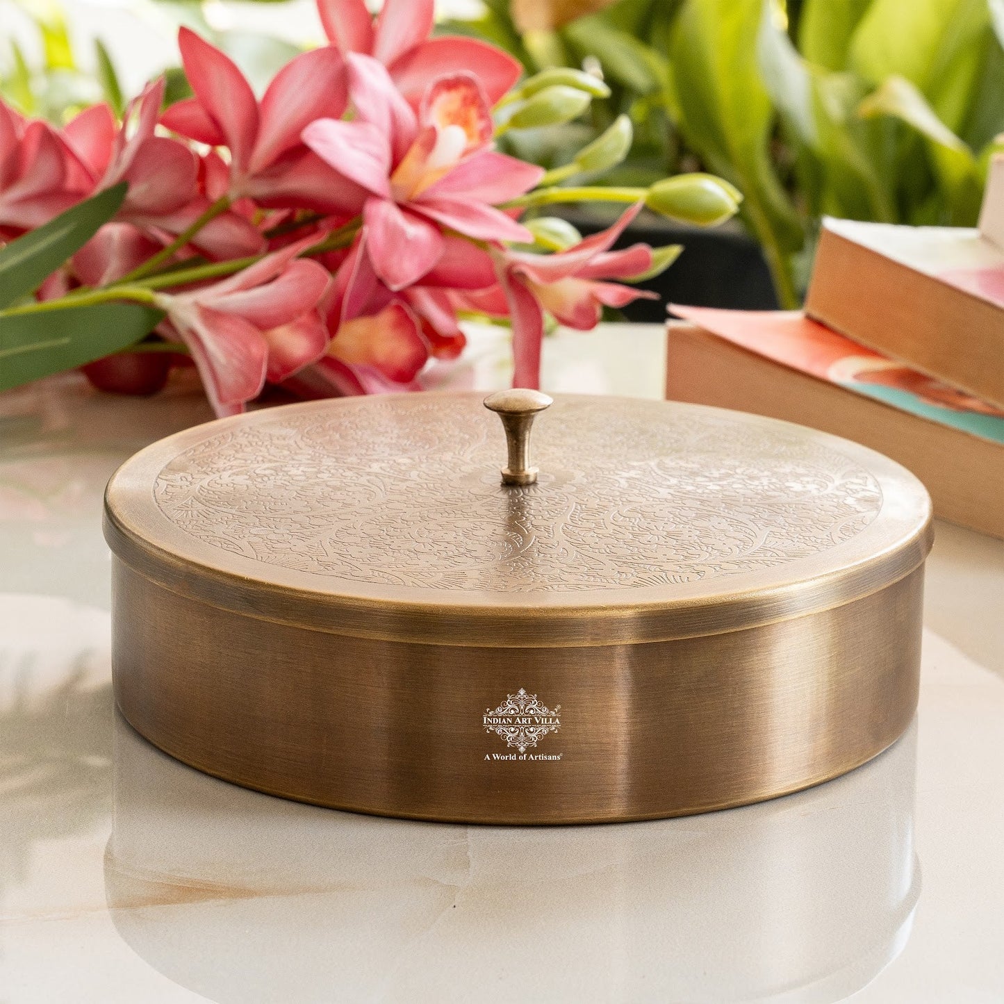 Pure Brass Embossed Design Round Shape Decorative Box