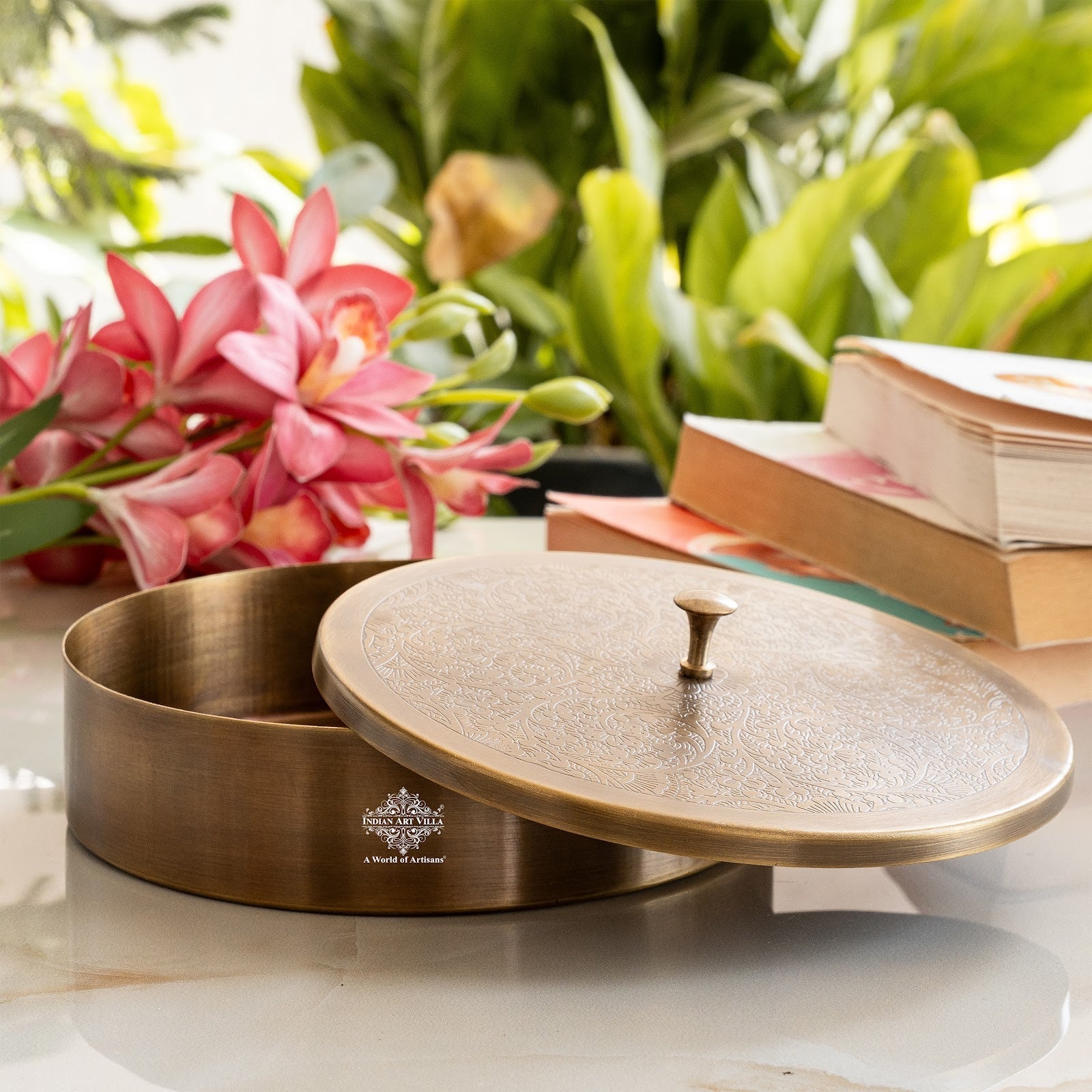 Pure Brass Embossed Design Round Shape Decorative Box