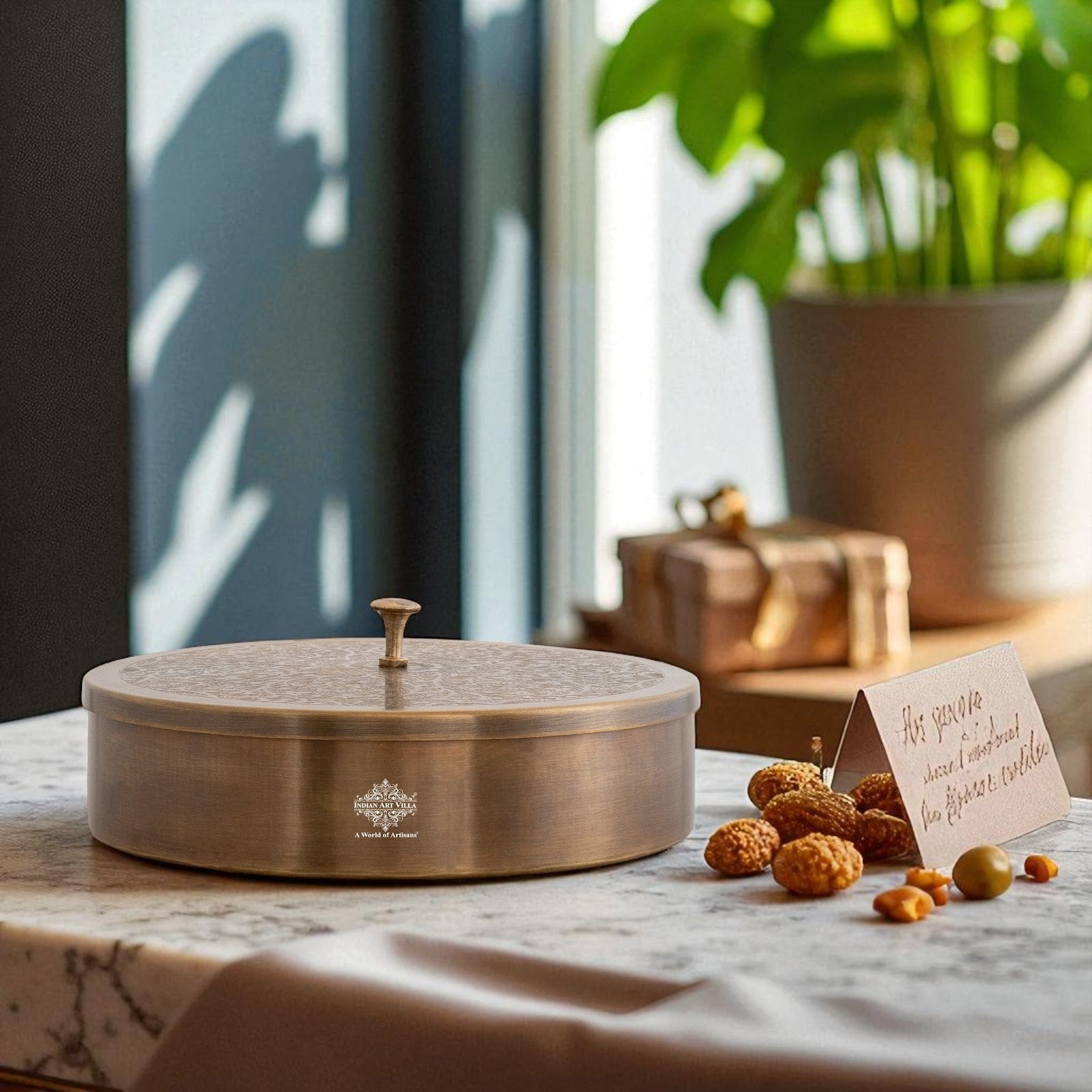 Pure Brass Embossed Design Round Shape Decorative Box