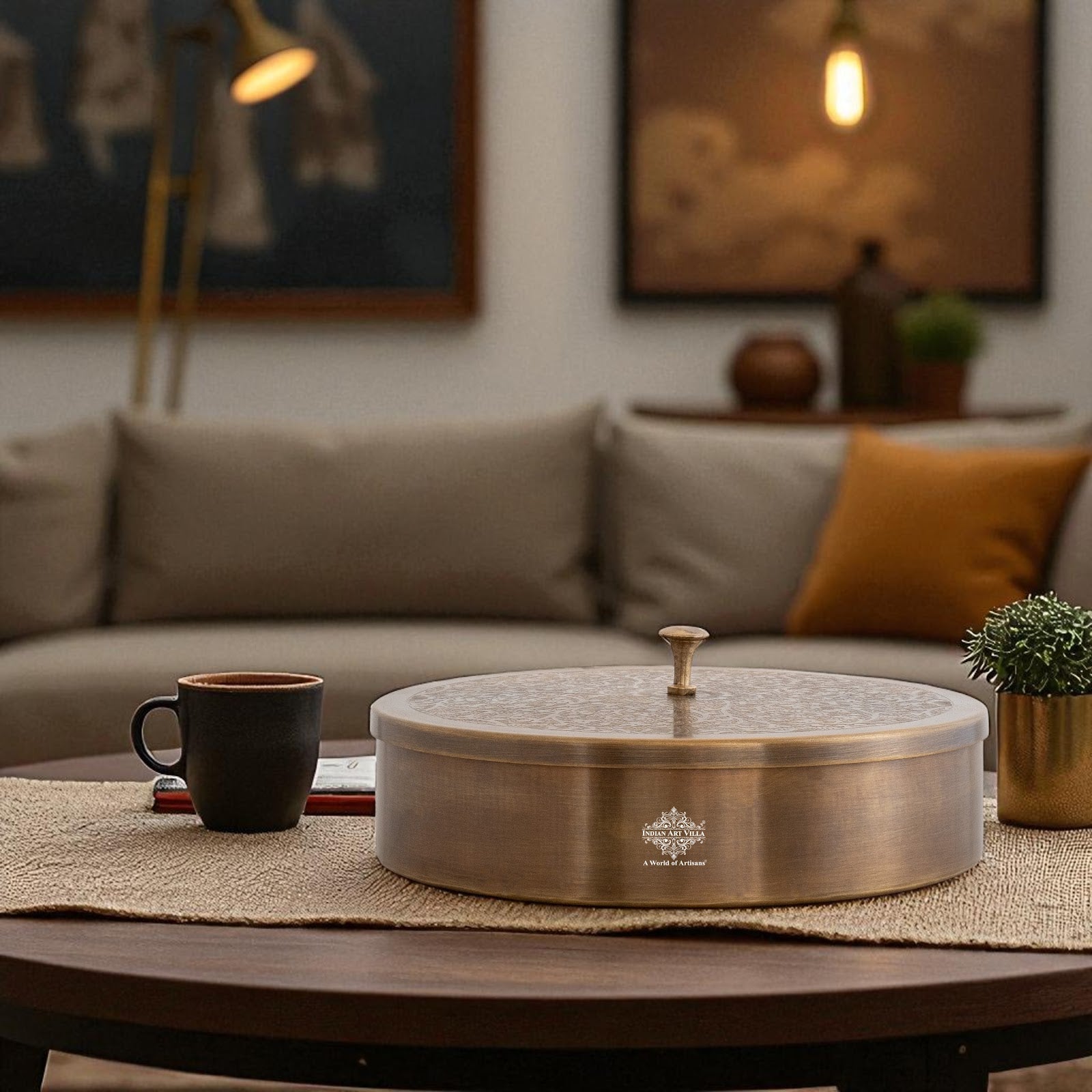 Pure Brass Embossed Design Round Shape Decorative Box