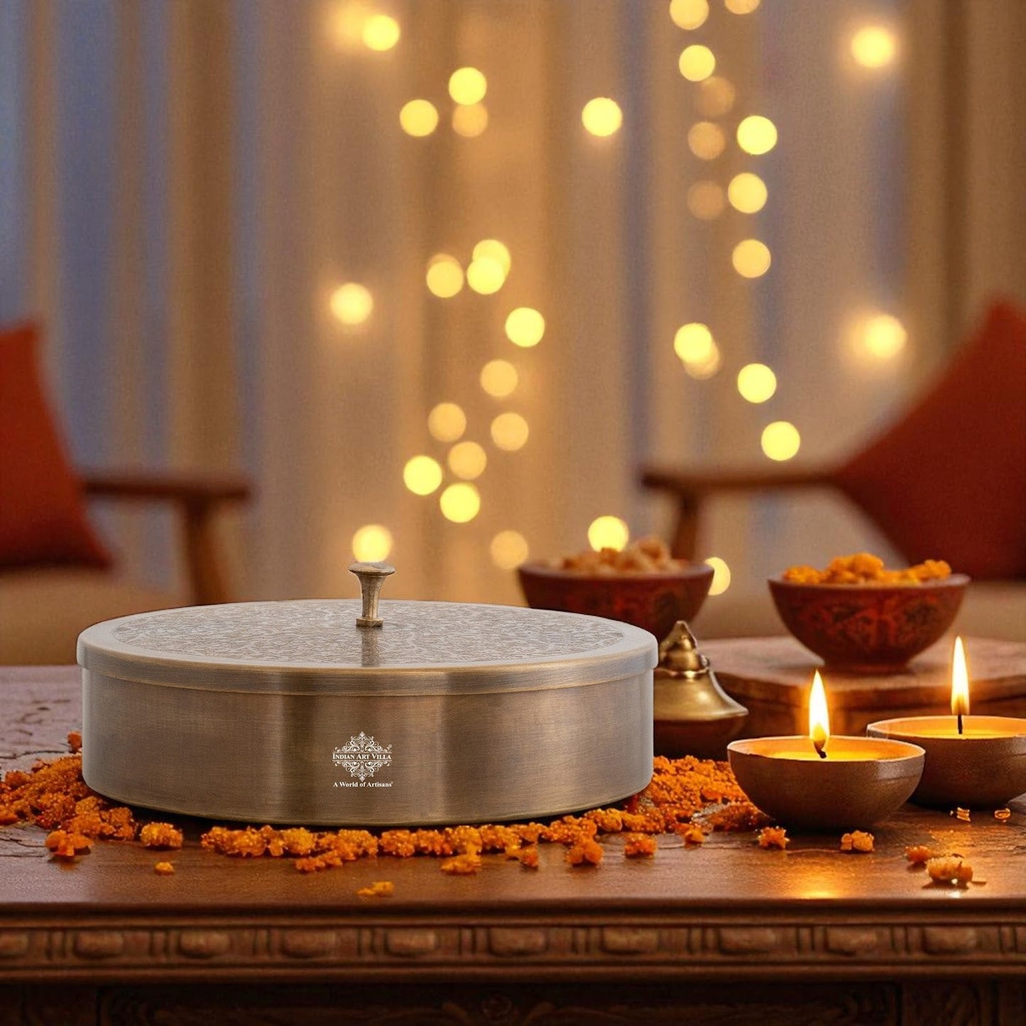 Pure Brass Embossed Design Round Shape Decorative Box