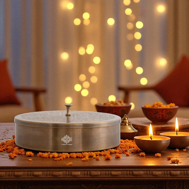 Pure Brass Embossed Design Round Shape Decorative Box