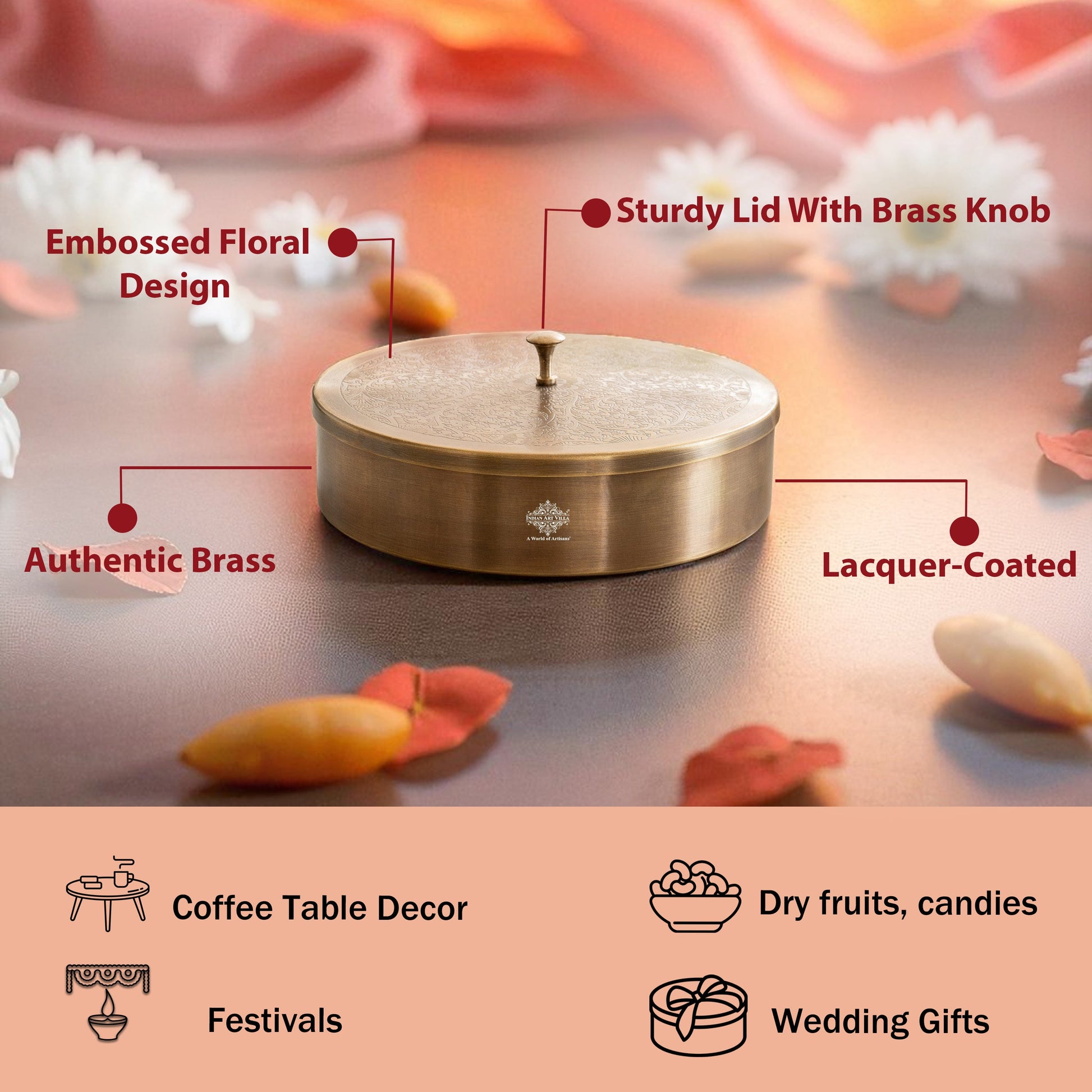 Pure Brass Embossed Design Round Shape Decorative Box