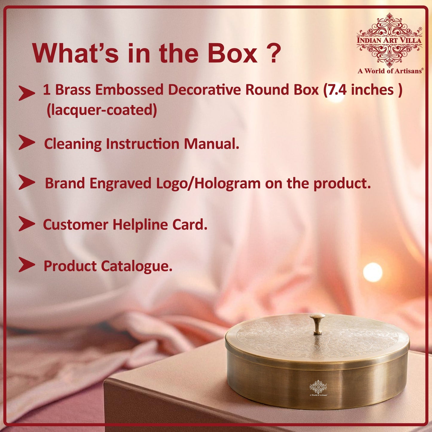 Pure Brass Embossed Design Round Shape Decorative Box