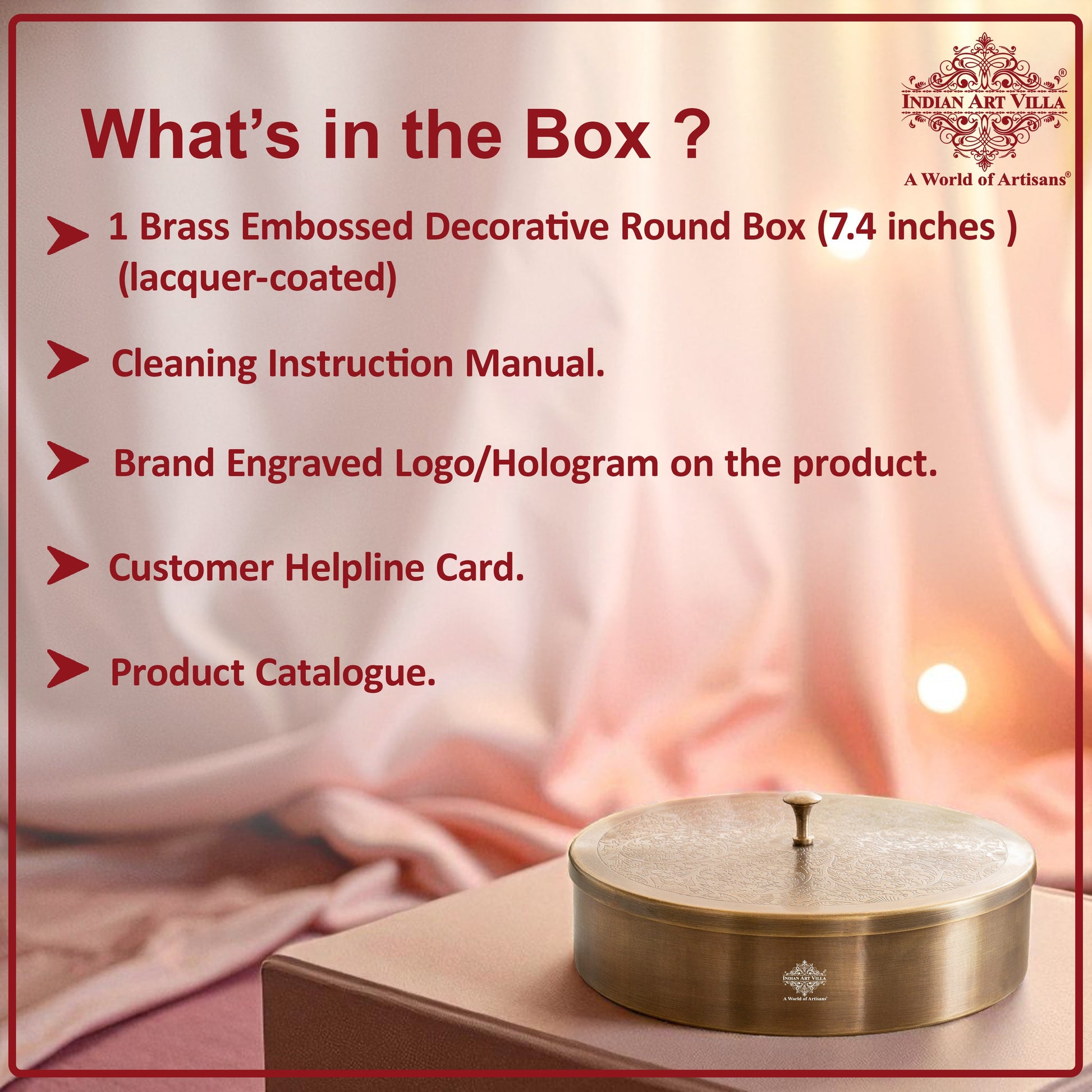 Pure Brass Embossed Design Round Shape Decorative Box