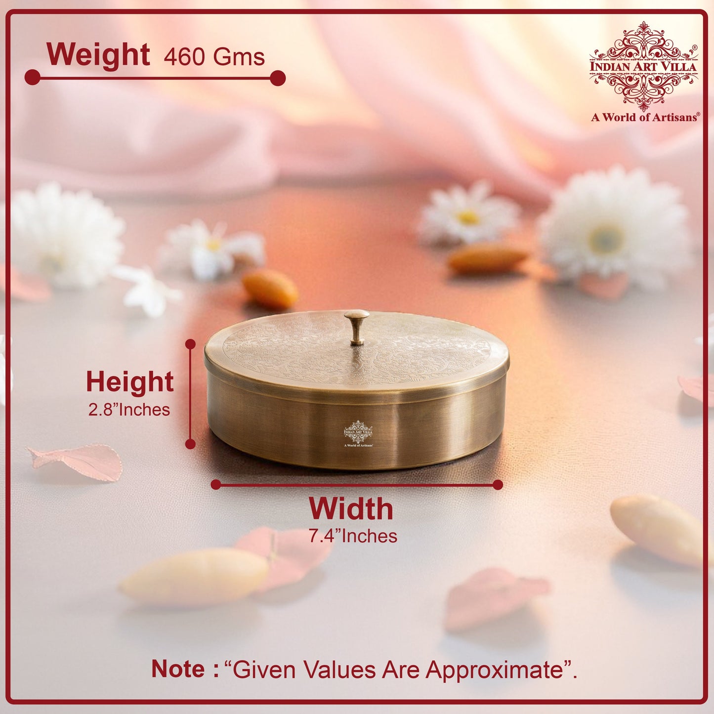 Pure Brass Embossed Design Round Shape Decorative Box