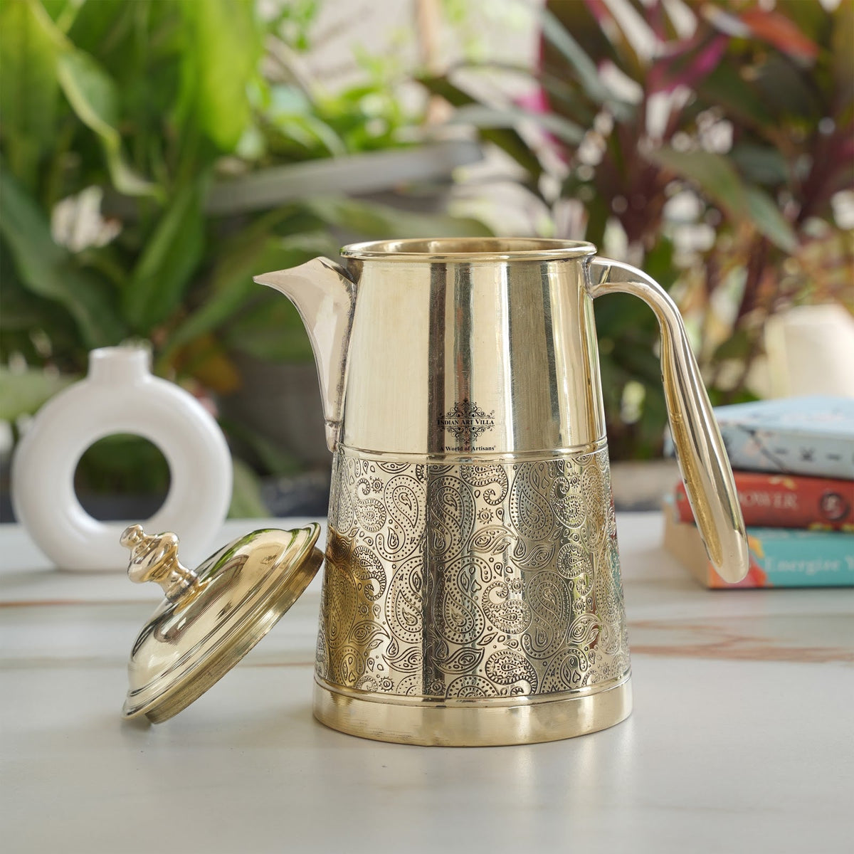 Brass Jug With Half Embossed Design with lid & Brass Knob