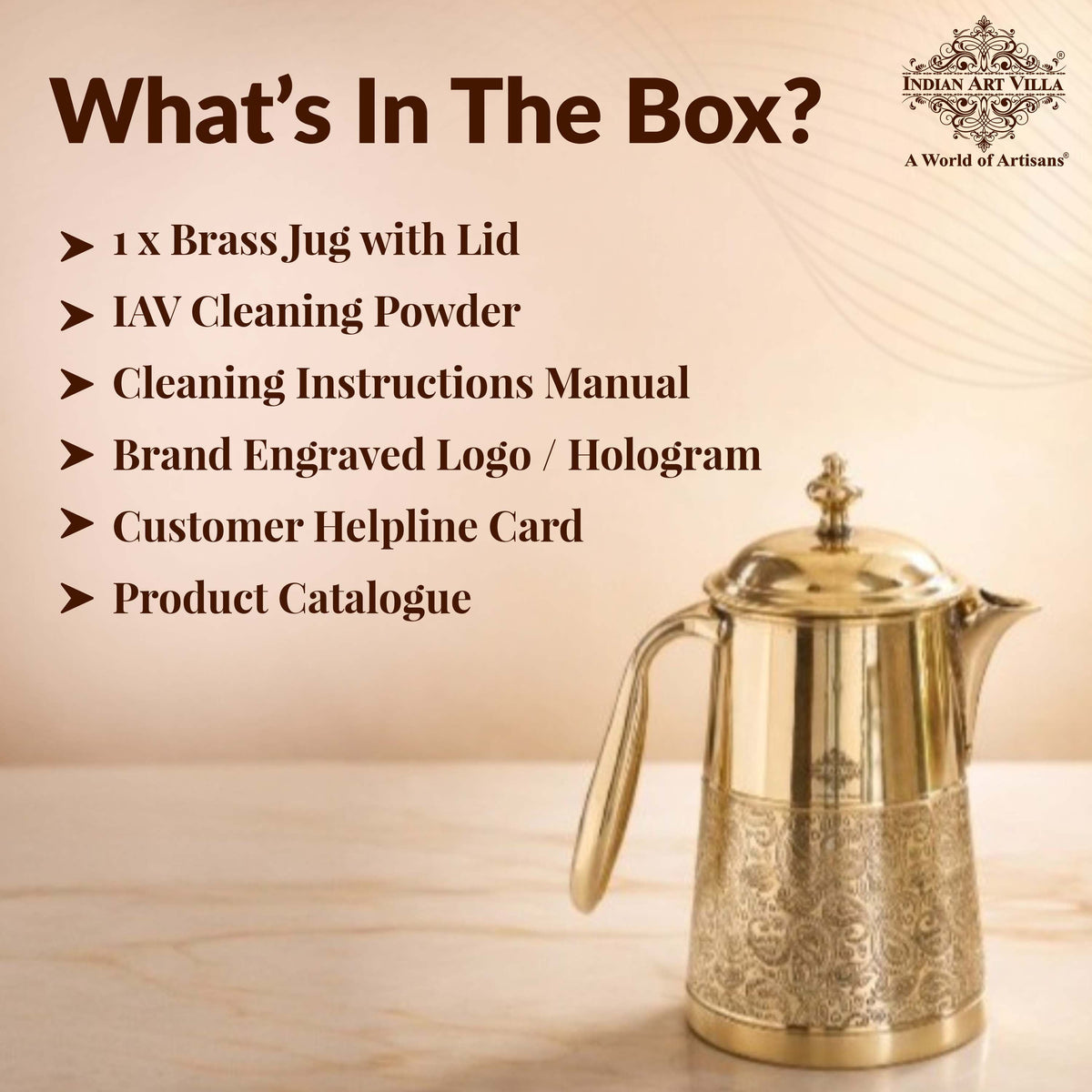 Brass Jug With Half Embossed Design with lid & Brass Knob