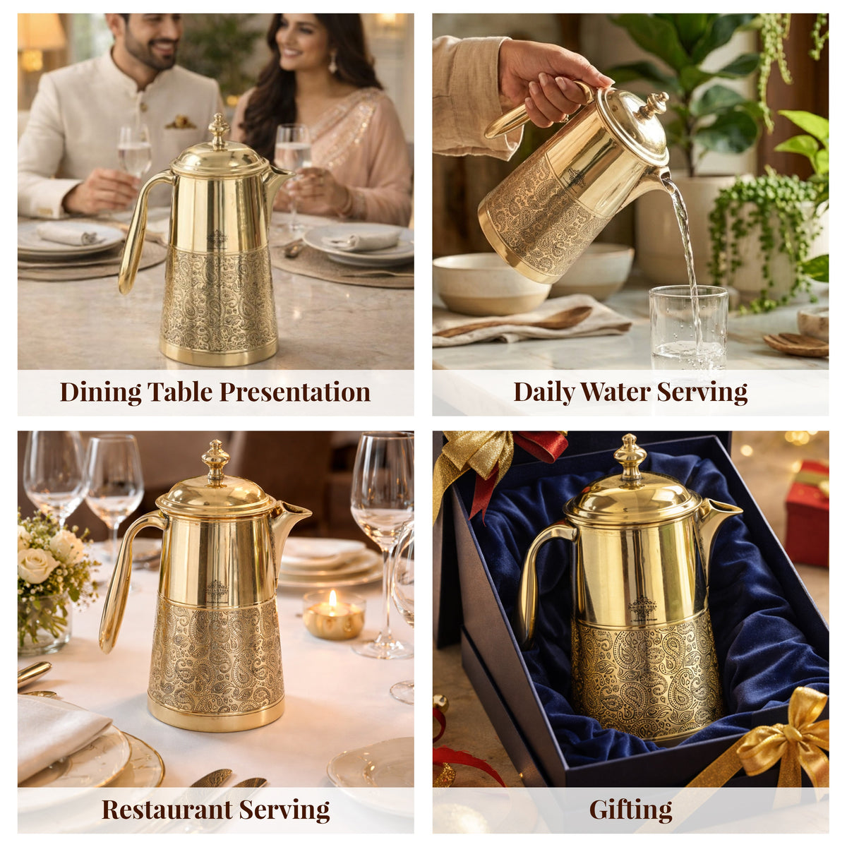 Brass Jug With Half Embossed Design with lid & Brass Knob