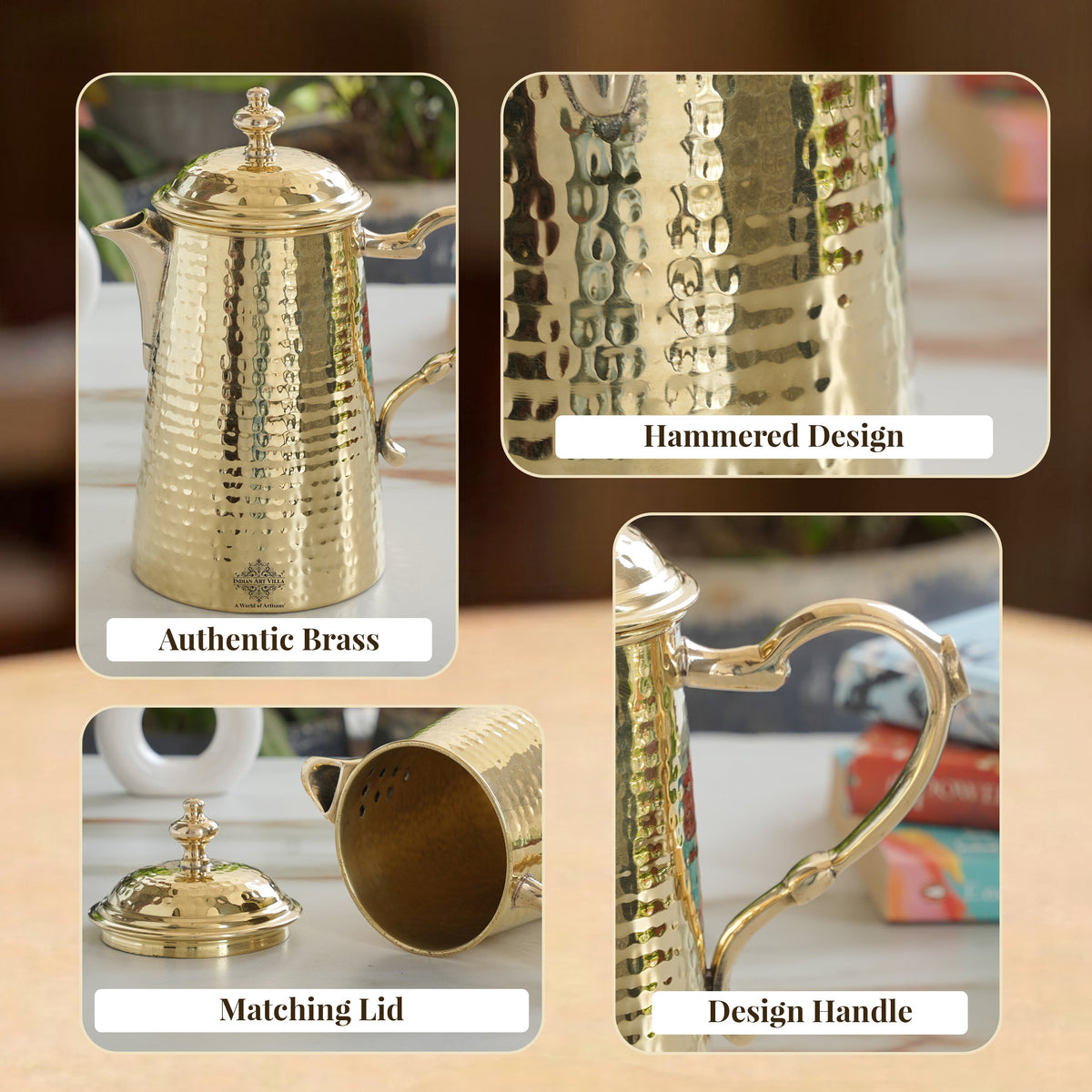 Brass Jug With Hammered Design With Handle with Lid - 1400 ML
