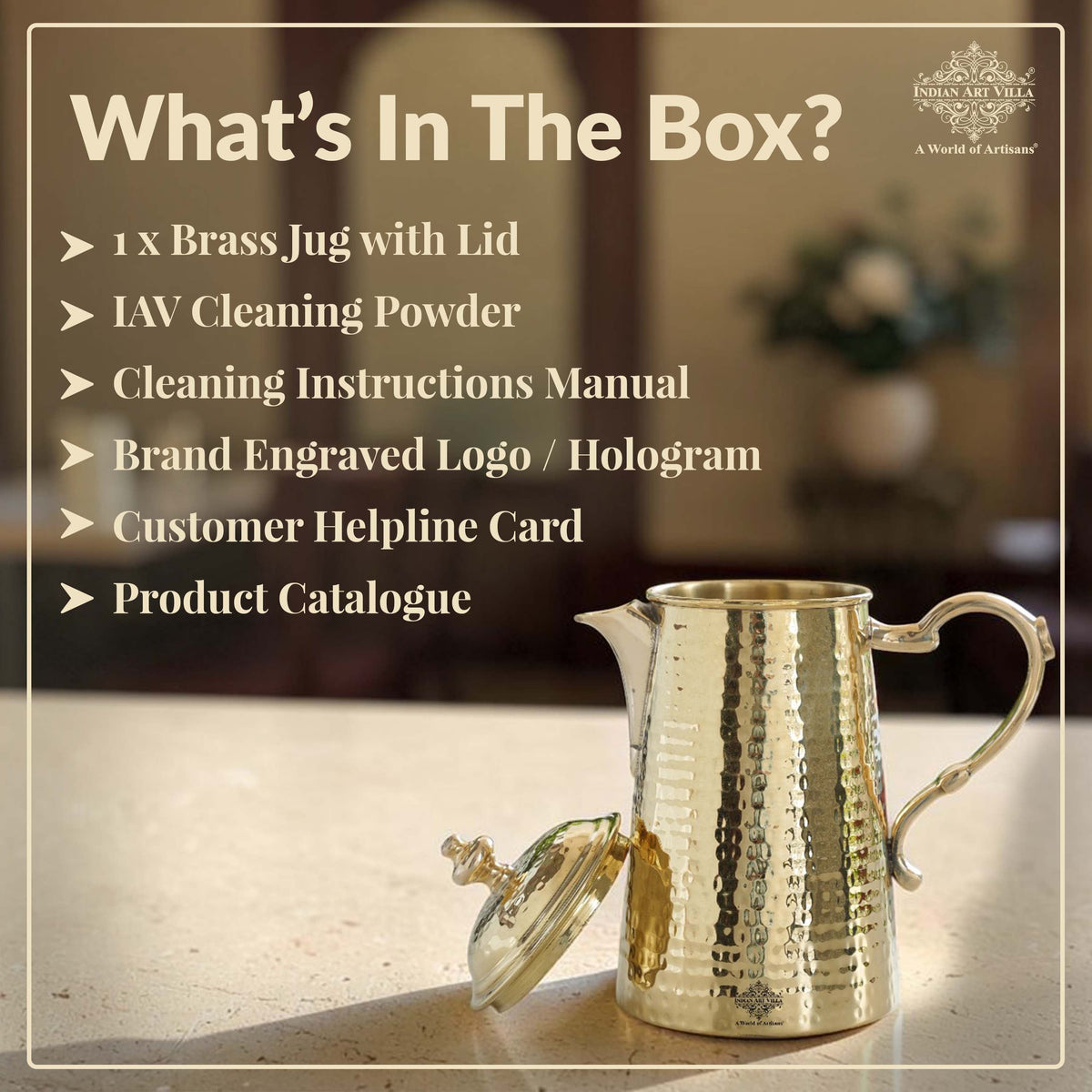 Brass Jug With Hammered Design With Handle with Lid - 1400 ML