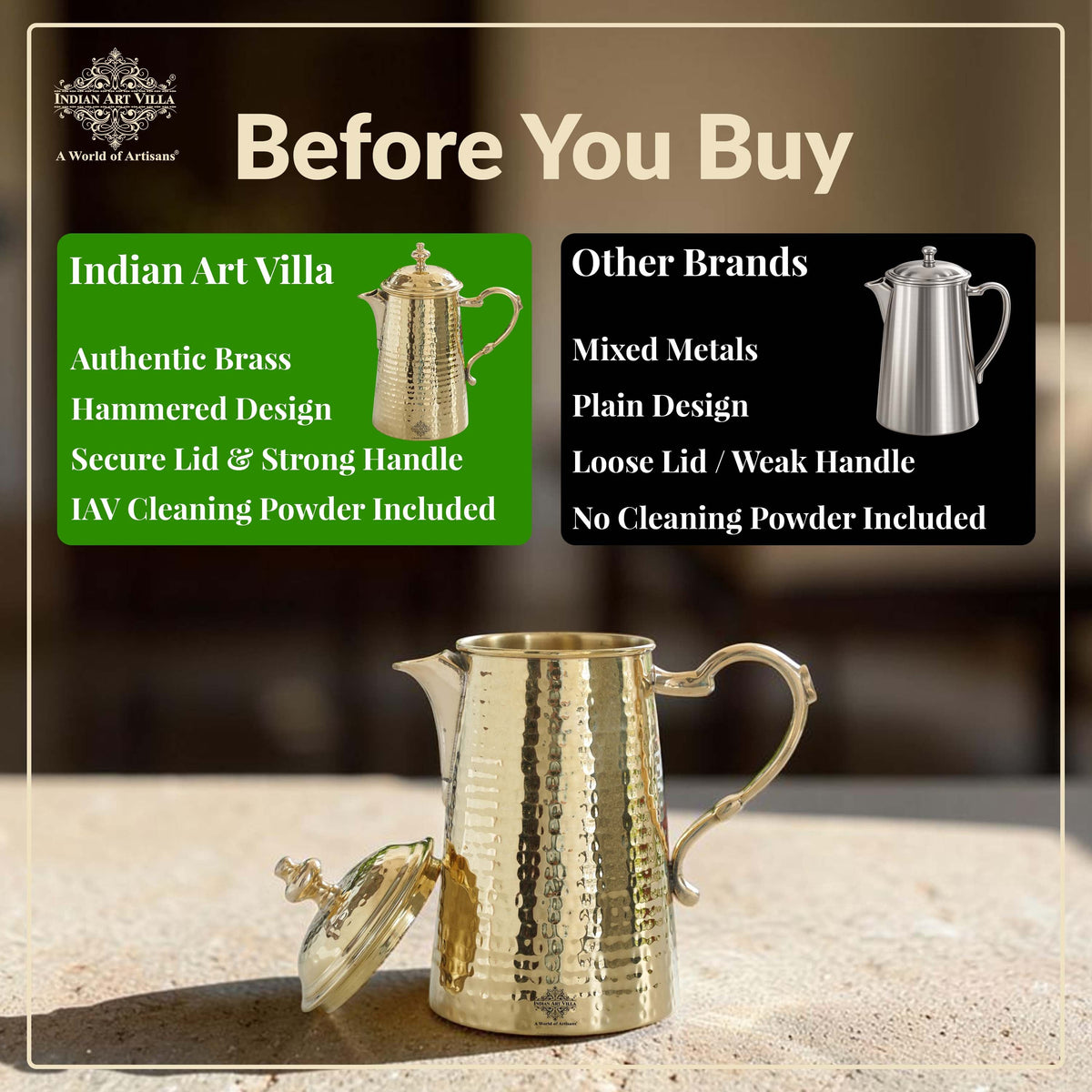 Brass Jug With Hammered Design With Handle with Lid - 1400 ML