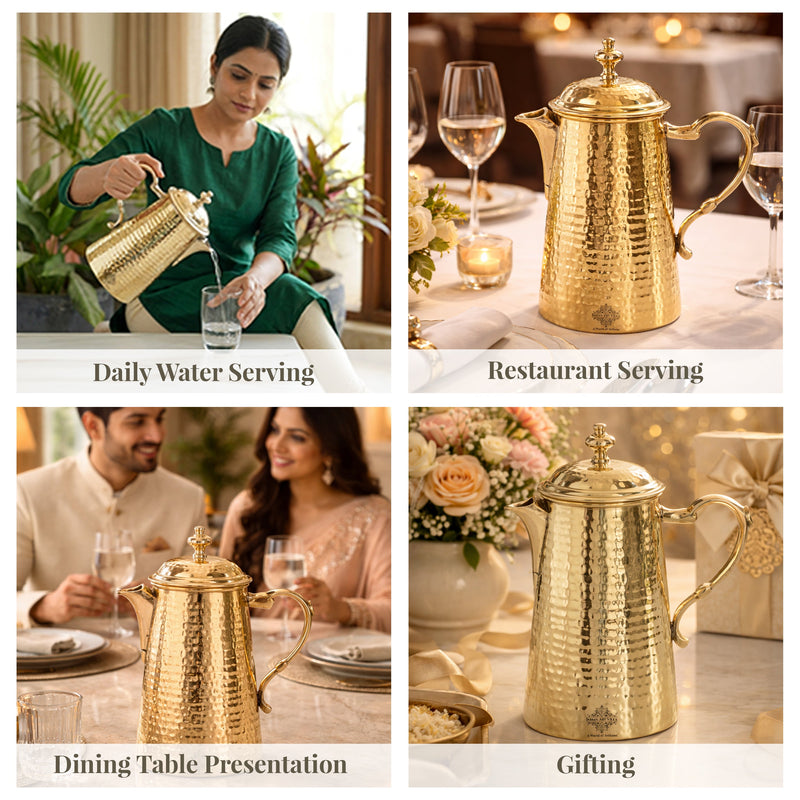 Brass Jug With Hammered Design With Handle with Lid - 1400 ML