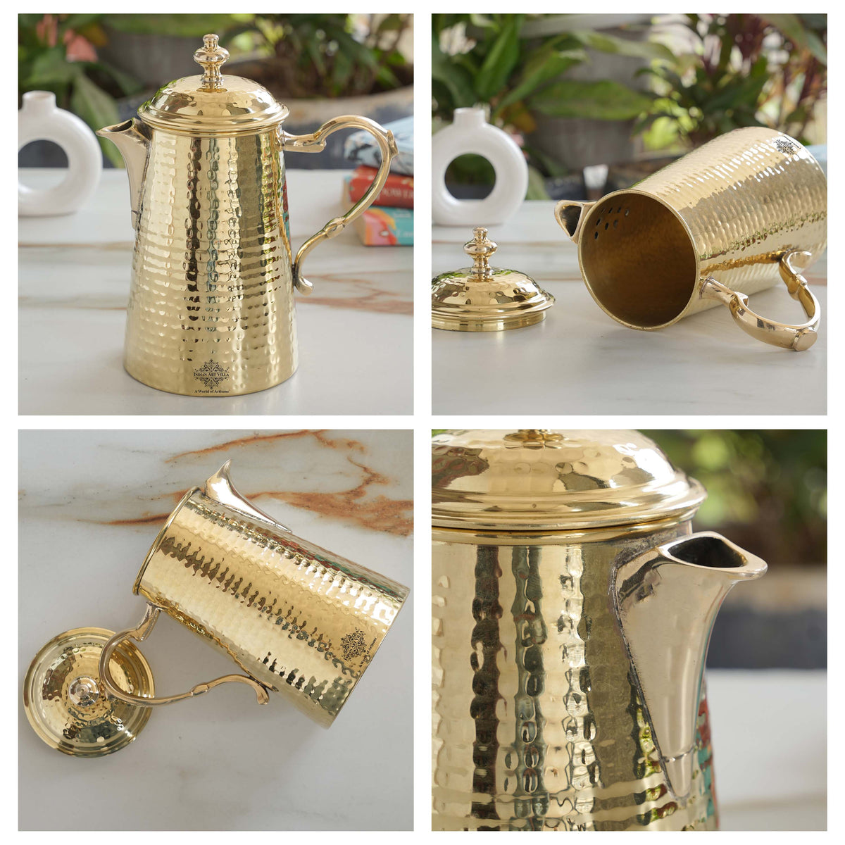 Brass Jug With Hammered Design With Handle with Lid - 1400 ML