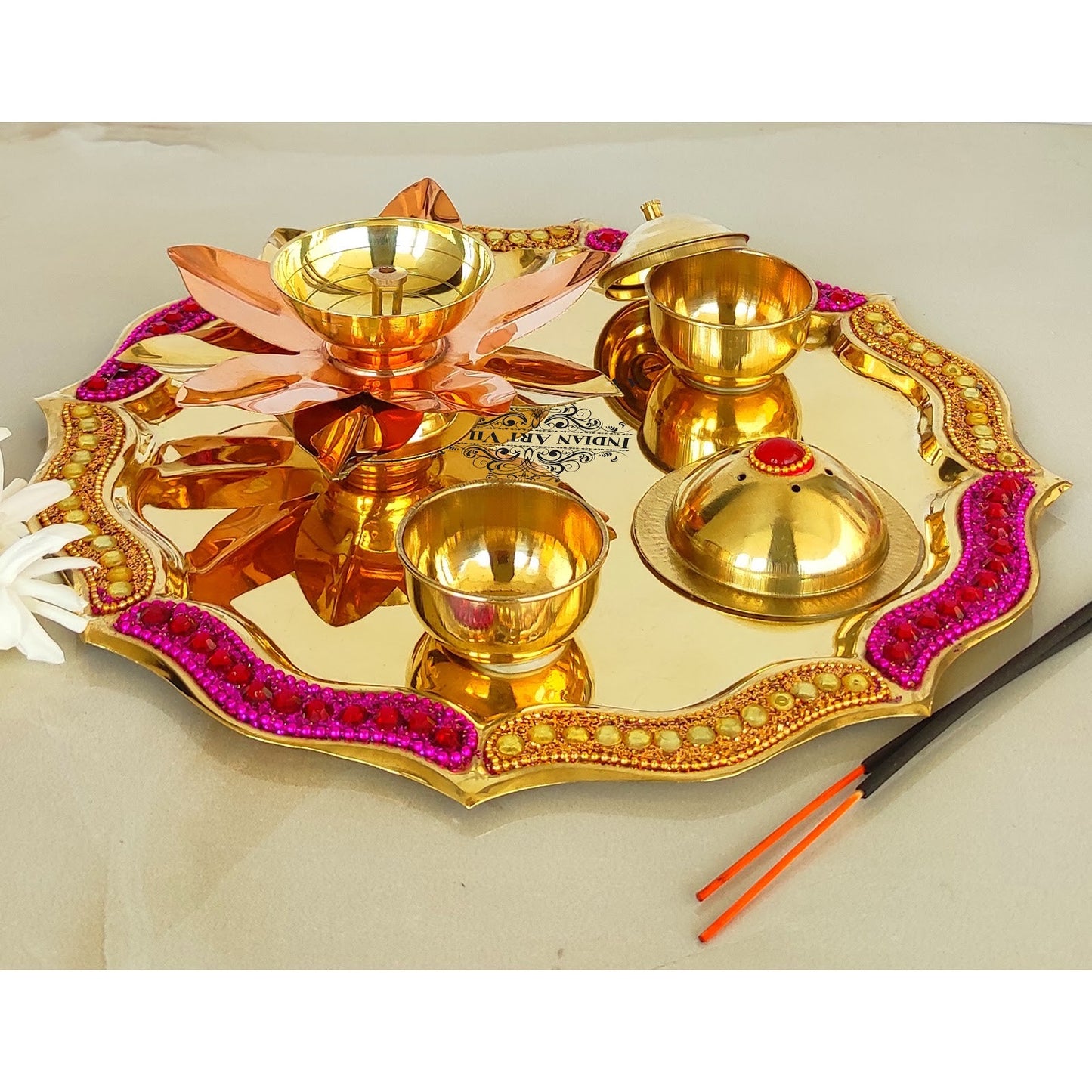 Pure Brass Handmade Designer Pooja, Aarti Thali Set Designer Borders, Spiritual Item, 25.40 CMS