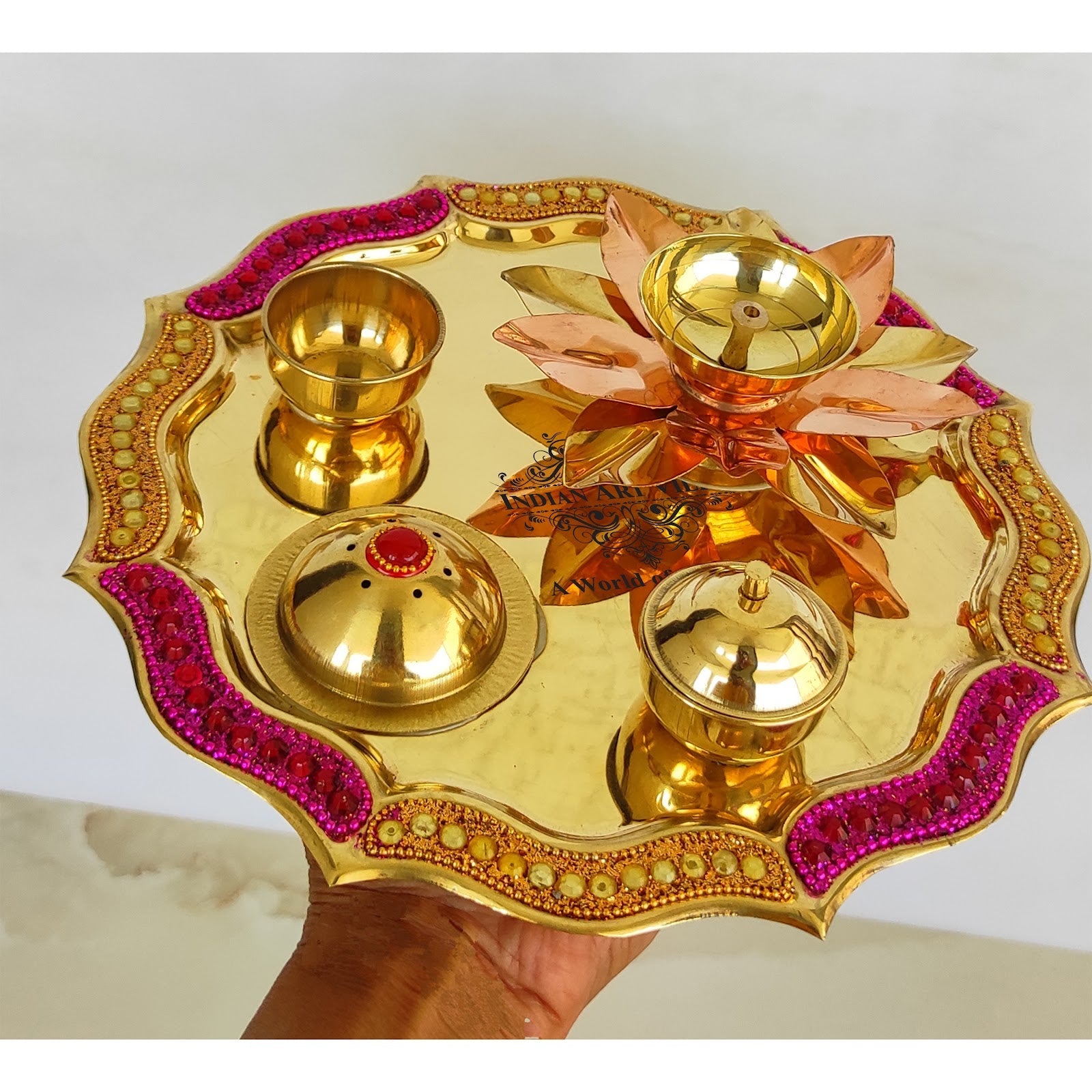 Pure Brass Handmade Designer Pooja, Aarti Thali Set Designer Borders, Spiritual Item, 25.40 CMS