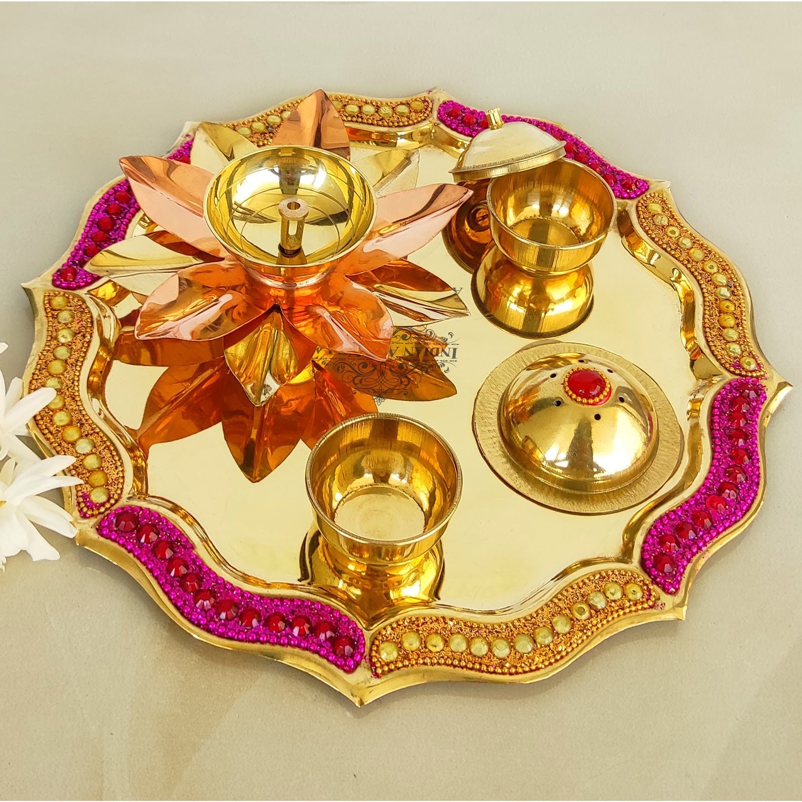 Pure Brass Handmade Designer Pooja, Aarti Thali Set Designer Borders, Spiritual Item, 25.40 CMS