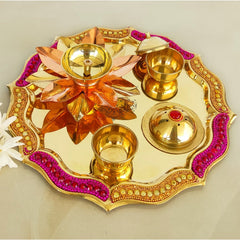 Pure Brass Handmade Designer Pooja, Aarti Thali Set Designer Borders, Spiritual Item, 25.40 CMS