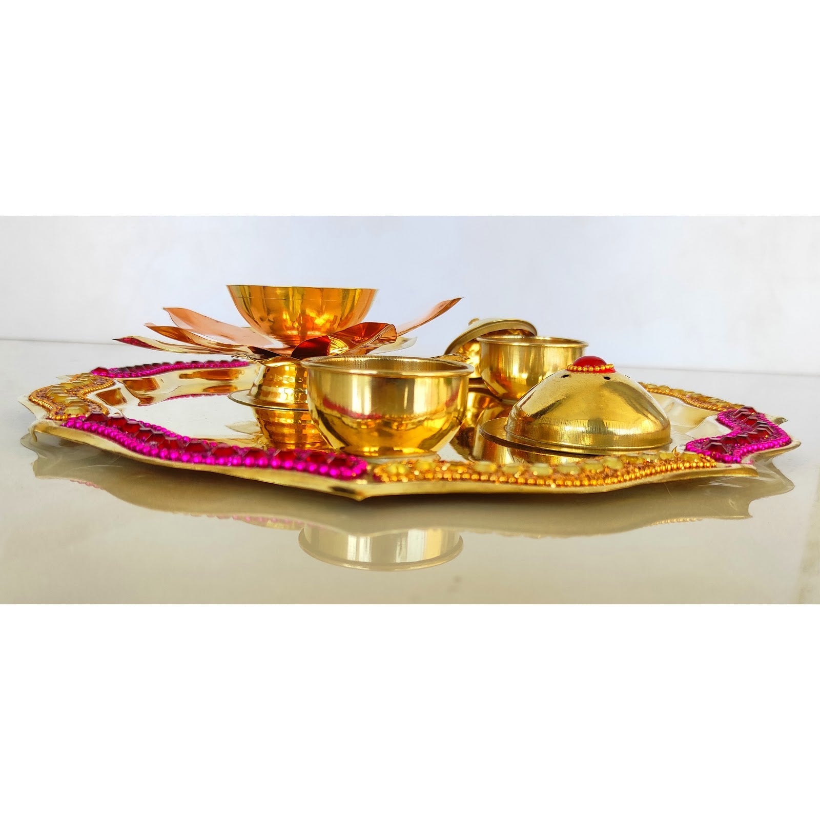 Pure Brass Handmade Designer Pooja, Aarti Thali Set Designer Borders, Spiritual Item, 25.40 CMS