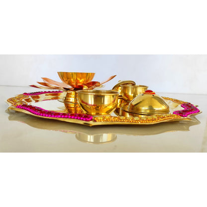 Pure Brass Handmade Designer Pooja, Aarti Thali Set Designer Borders, Spiritual Item, 25.40 CMS