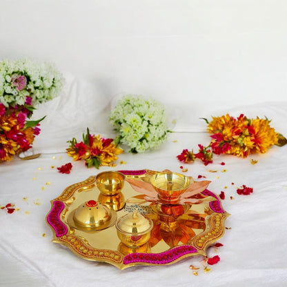 Pure Brass Handmade Designer Pooja, Aarti Thali Set Designer Borders, Spiritual Item, 25.40 CMS