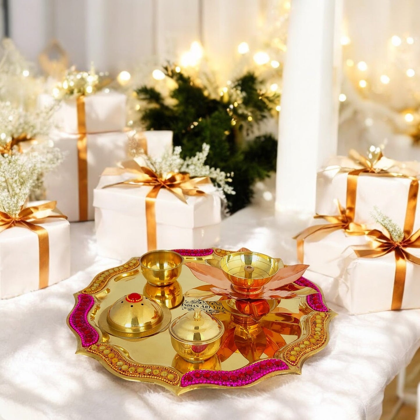 Pure Brass Handmade Designer Pooja, Aarti Thali Set Designer Borders, Spiritual Item, 25.40 CMS