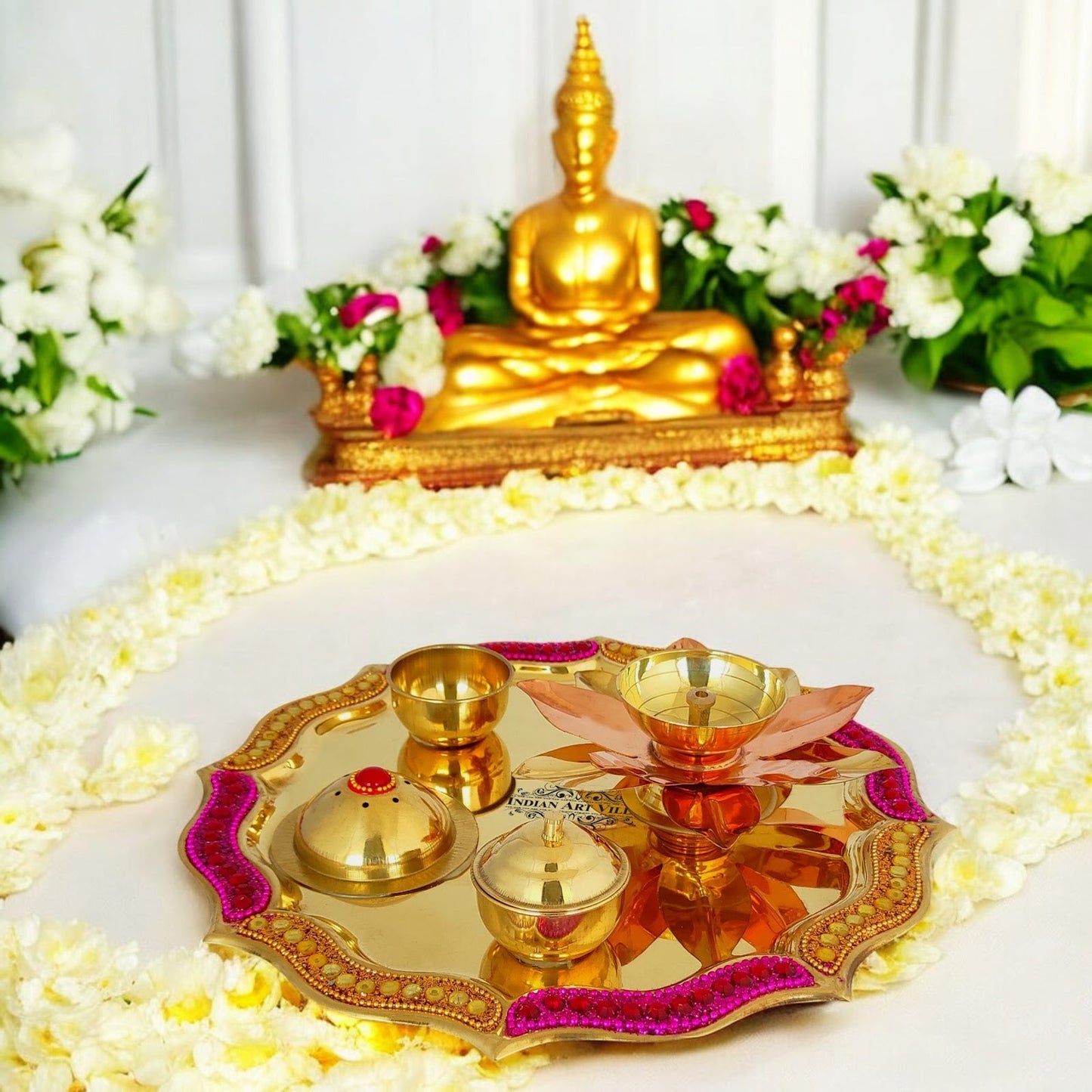 Pure Brass Handmade Designer Pooja, Aarti Thali Set Designer Borders, Spiritual Item, 25.40 CMS