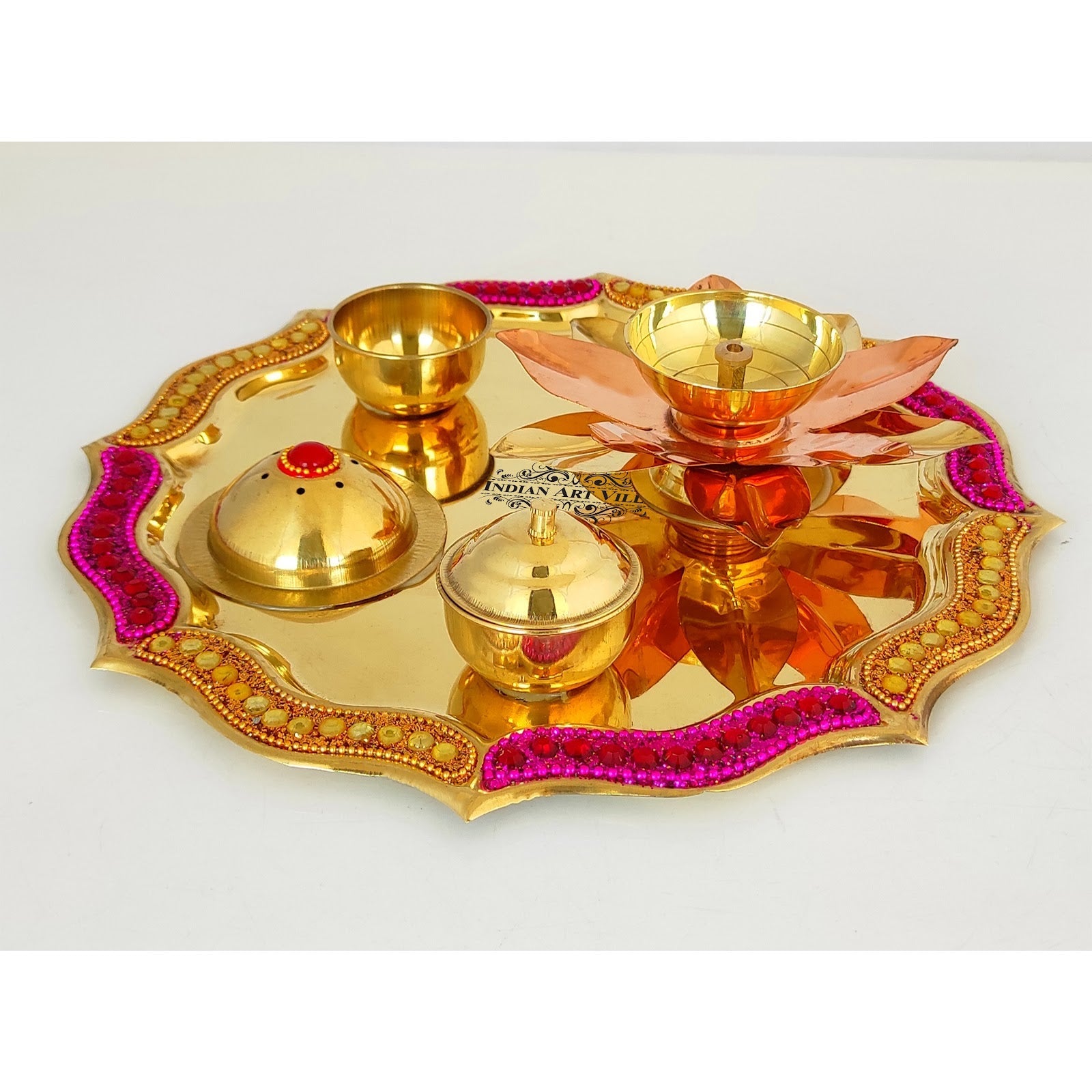 Pure Brass Handmade Designer Pooja, Aarti Thali Set Designer Borders, Spiritual Item, 25.40 CMS