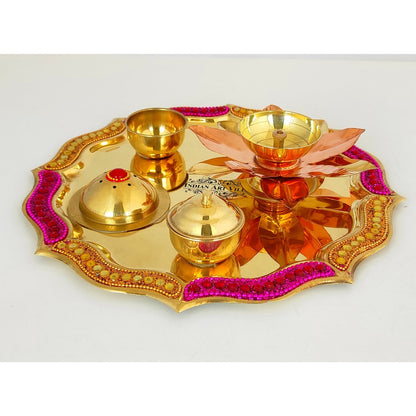 Pure Brass Handmade Designer Pooja, Aarti Thali Set Designer Borders, Spiritual Item, 25.40 CMS