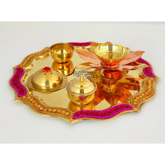 Pure Brass Handmade Designer Pooja, Aarti Thali Set Designer Borders, Spiritual Item, 25.40 CMS