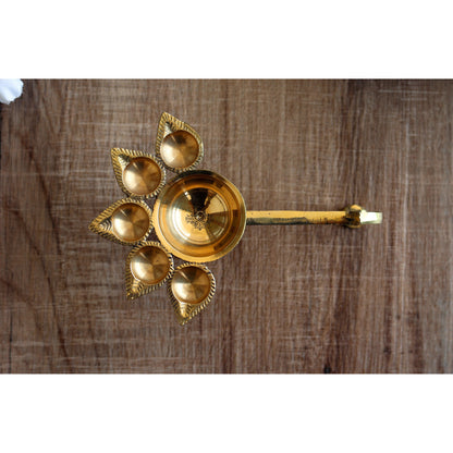 Brass Panch Aarti Diya with Antique Design, Idol for Home and tempel Pooja.