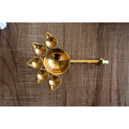 Brass Panch Aarti Diya with Antique Design, Idol for Home and tempel Pooja.