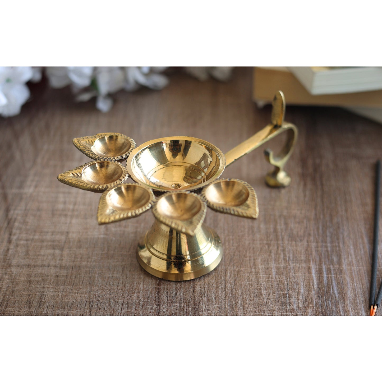 Brass Panch Aarti Diya with Antique Design, Idol for Home and tempel Pooja.
