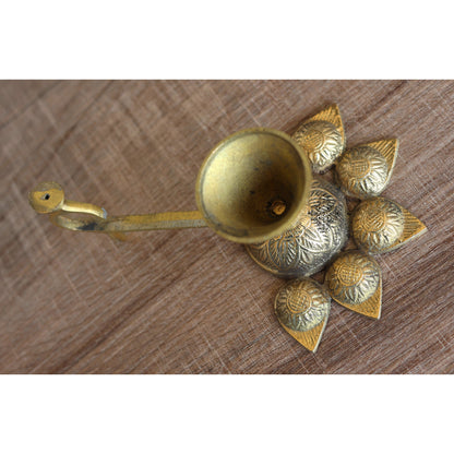 Brass Panch Aarti Diya with Antique Design, Idol for Home and tempel Pooja.