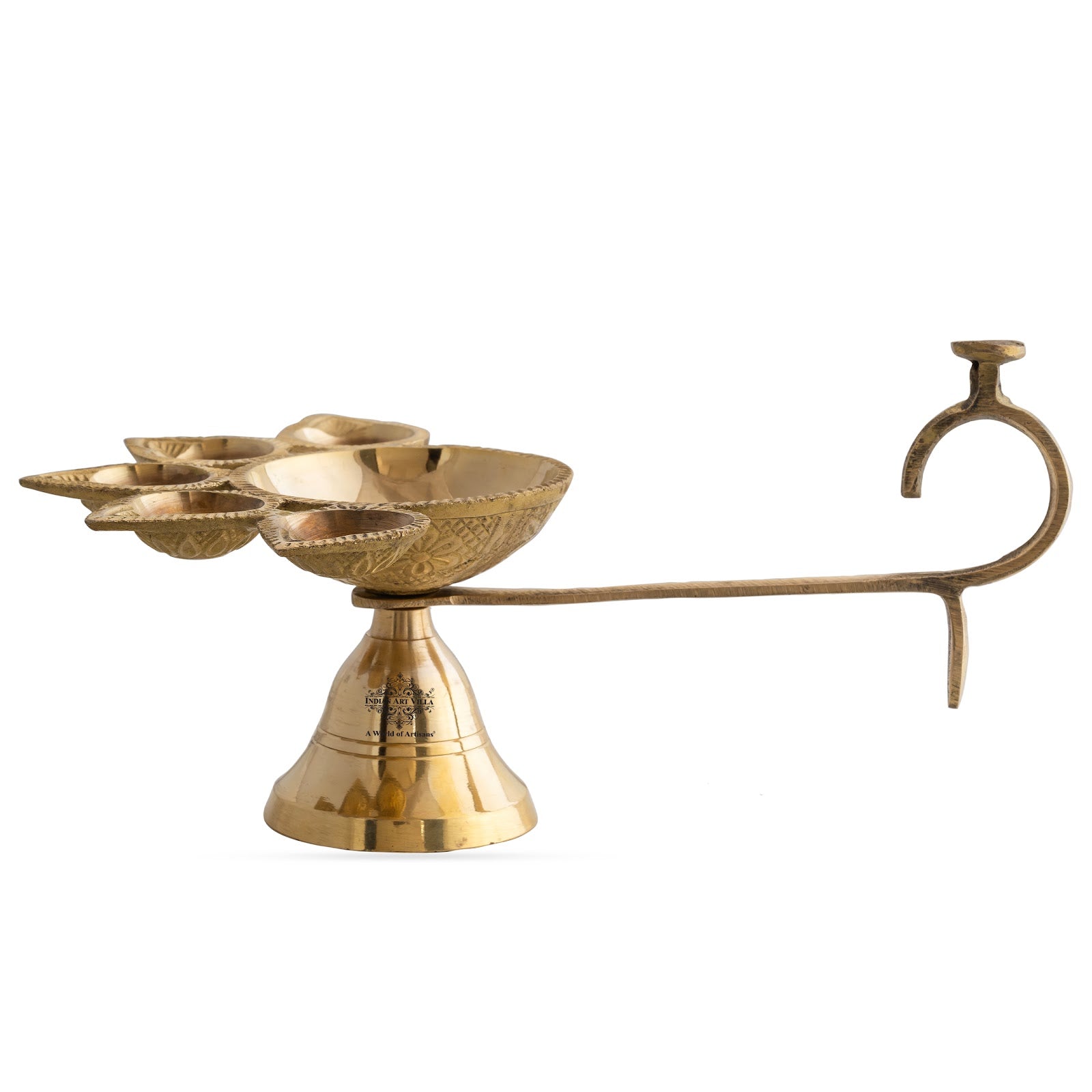 Brass Panch Aarti Diya with Antique Design – 9.7 x 6 Inch Traditional Pooja Diya