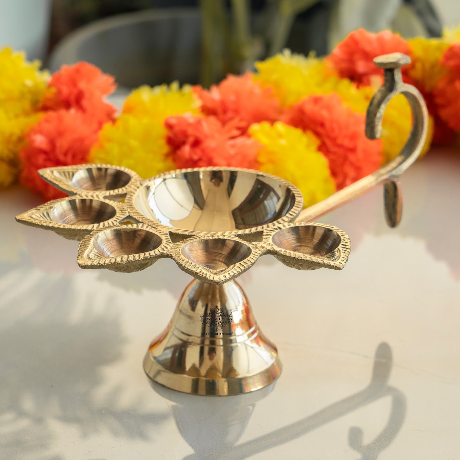 Brass Panch Aarti Diya with Antique Design – 9.7 x 6 Inch Traditional Pooja Diya