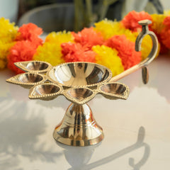 Brass Panch Aarti Diya with Antique Design – 9.7 x 6 Inch Traditional Pooja Diya