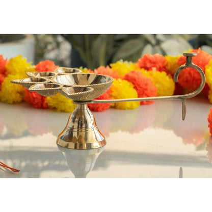 Brass Panch Aarti Diya with Antique Design – 9.7 x 6 Inch Traditional Pooja Diya