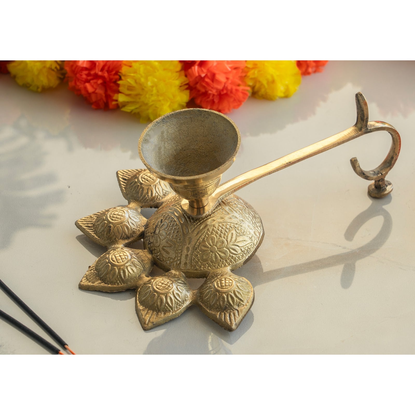 Brass Panch Aarti Diya with Antique Design – 9.7 x 6 Inch Traditional Pooja Diya