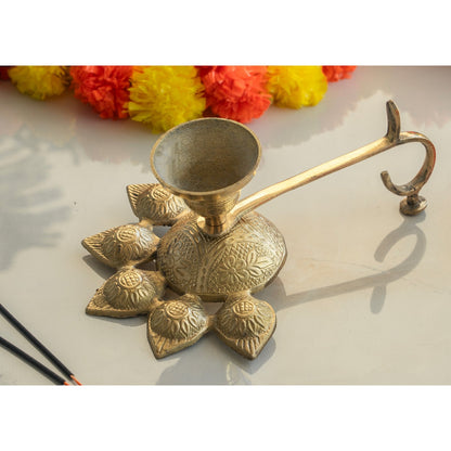 Brass Panch Aarti Diya with Antique Design – 9.7 x 6 Inch Traditional Pooja Diya