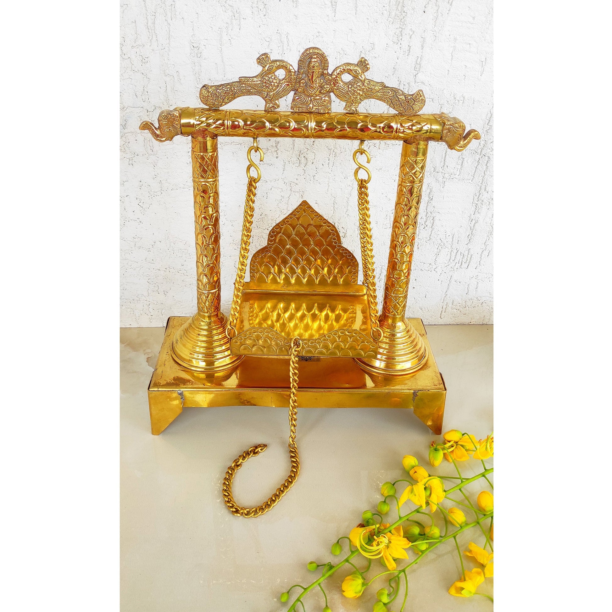 Ganesh Ji Design Brass Jhula Swing, for Ladu Gopal Ji Lord Ganesha, Temple Home, Height 40.64 cm, Gold