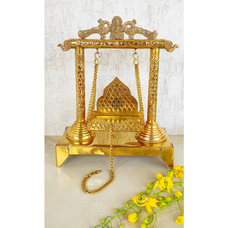Ganesh Ji Design Brass Jhula Swing, for Ladu Gopal Ji Lord Ganesha, Temple Home, Height 40.64 cm, Gold