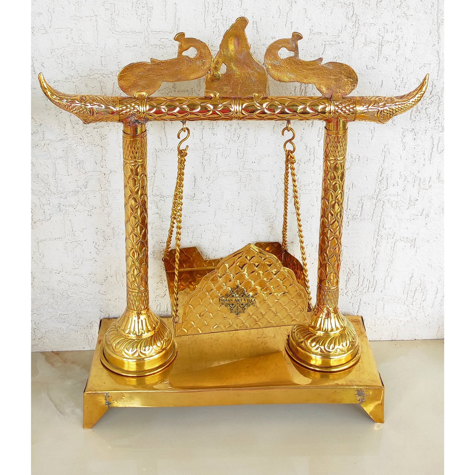 Krishna Ji Design Brass Jhula Swing, for Ladu Gopal Ji Lord Ganesha, Temple Home, Height 46.99 cm, Gold