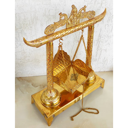Krishna Ji Design Brass Jhula Swing, for Ladu Gopal Ji Lord Ganesha, Temple Home, Height 46.99 cm, Gold