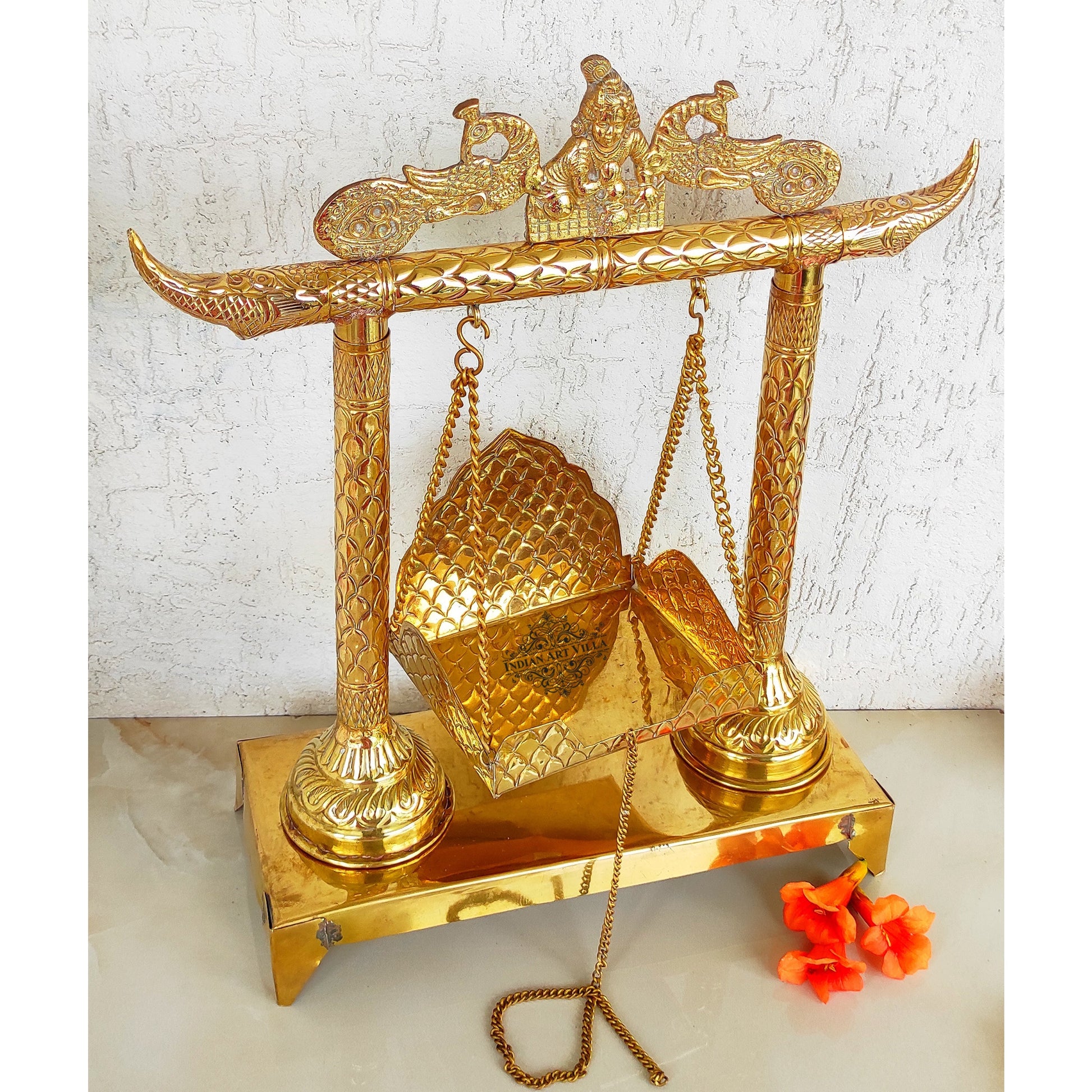 Krishna Ji Design Brass Jhula Swing, for Ladu Gopal Ji Lord Ganesha, Temple Home, Height 46.99 cm, Gold