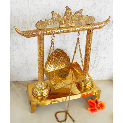 Krishna Ji Design Brass Jhula Swing, for Ladu Gopal Ji Lord Ganesha, Temple Home, Height 46.99 cm, Gold