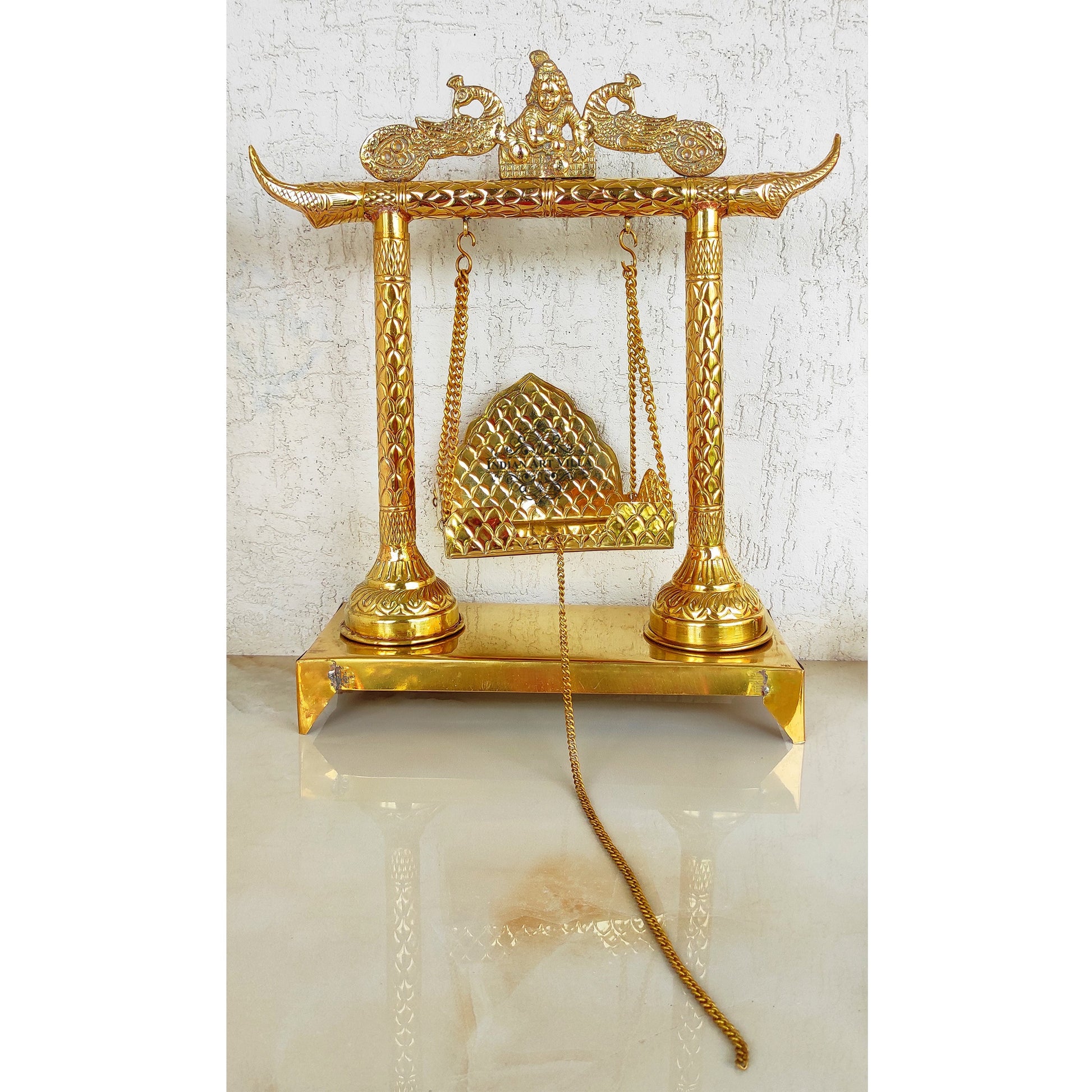 Krishna Ji Design Brass Jhula Swing, for Ladu Gopal Ji Lord Ganesha, Temple Home, Height 46.99 cm, Gold