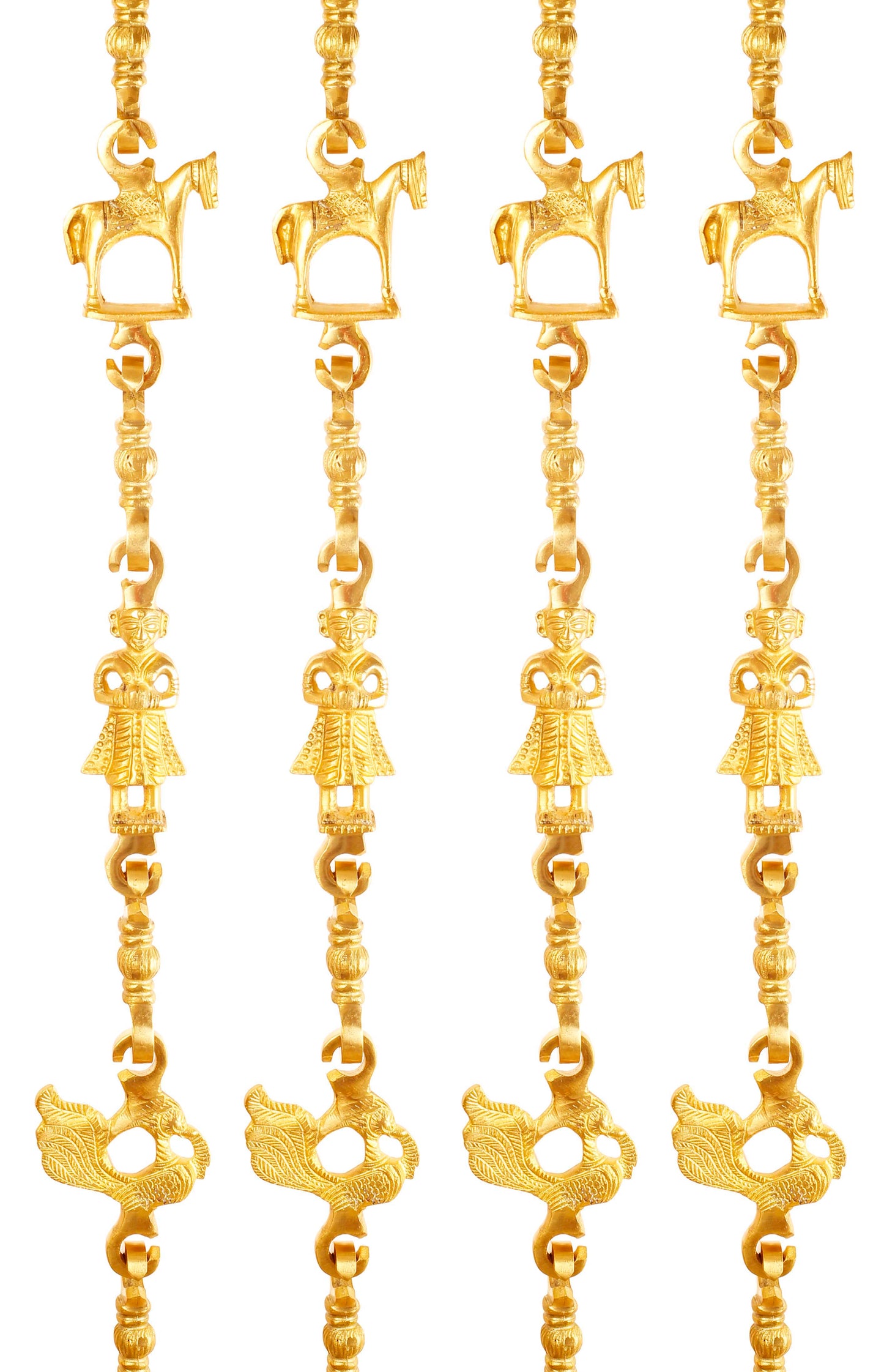 Brass Jhula Chain Horse, Men Guard, Peacock, Rudraksh Design, 191.01 cm Each, Set of 4