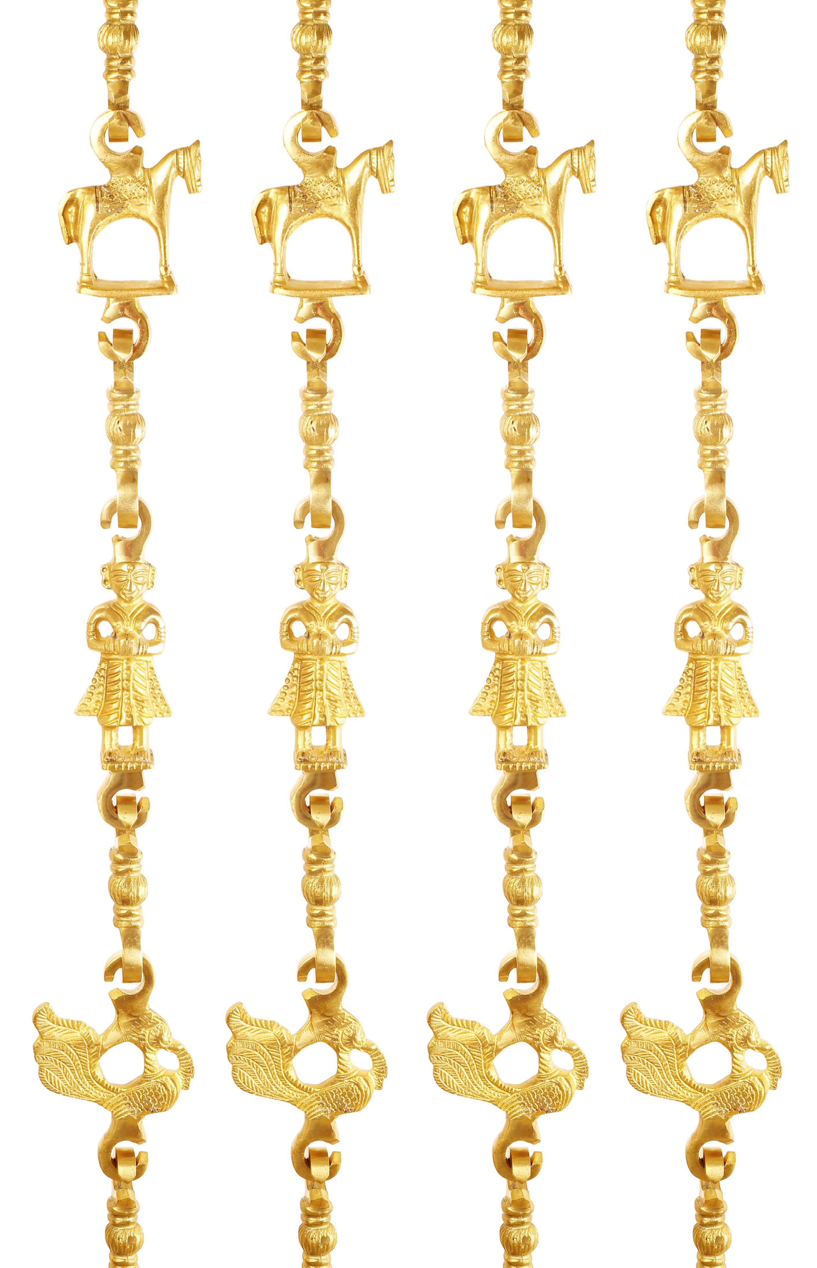 Brass Jhula Chain Horse, Men Guard, Peacock, Rudraksh Design, 191.01 cm Each, Set of 4